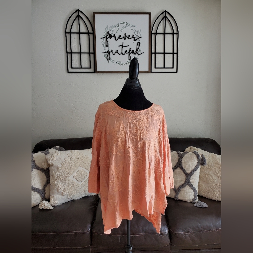 Soft Surroundings Pastel Peach Embroidered Boho Chic Asymmetrical Blouse Size 2X